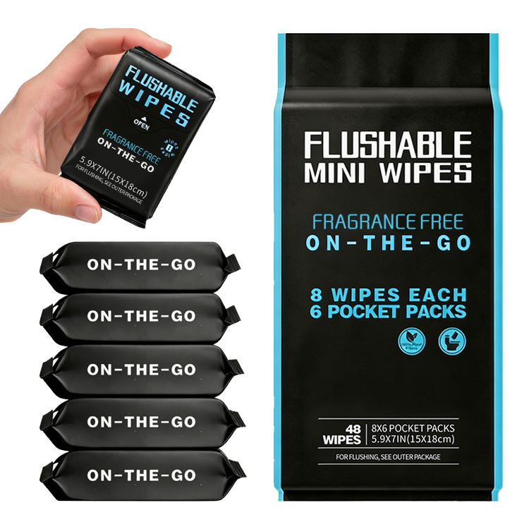 Custom Private-label Personal Adult Wipes 48PCS 15*18cm On-The-Go Portable Pocket Packs Free Fragrance 99% Water Flushable Wipes