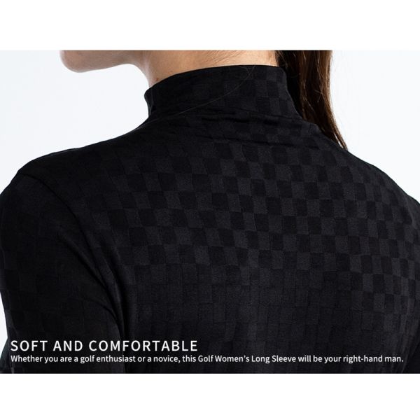 Women’s Golf Long Sleeve Base Layer Top, Jacquard Grid Slim Fit Thermal Shirt