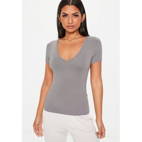 Grey V Neck Fitted T Shirt Clothing Women