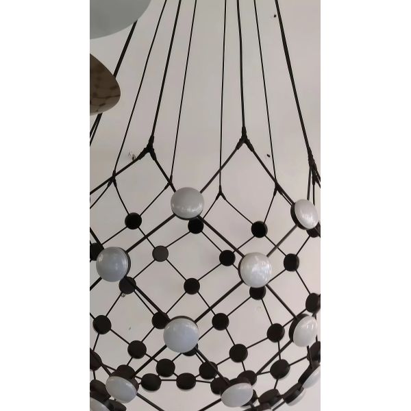 JYLIGHTING Modern Black & White Mesh Chandelier, Geometric Grid LED Pendant Light with Acrylic Discs for Living Room & Dining Room