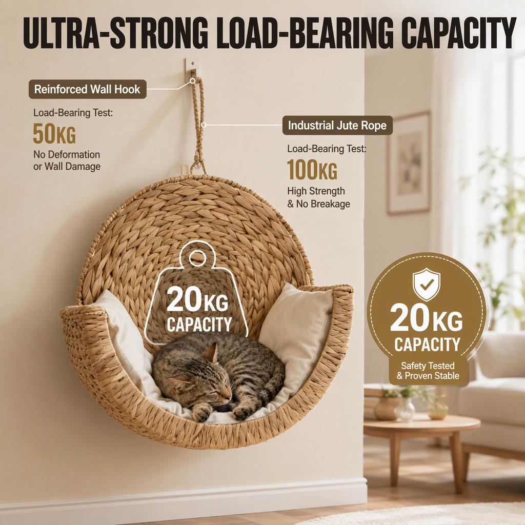 Wall Mounted Water Hyacinth Cat Bed Rattan Woven Removable Washable Thick Cushion