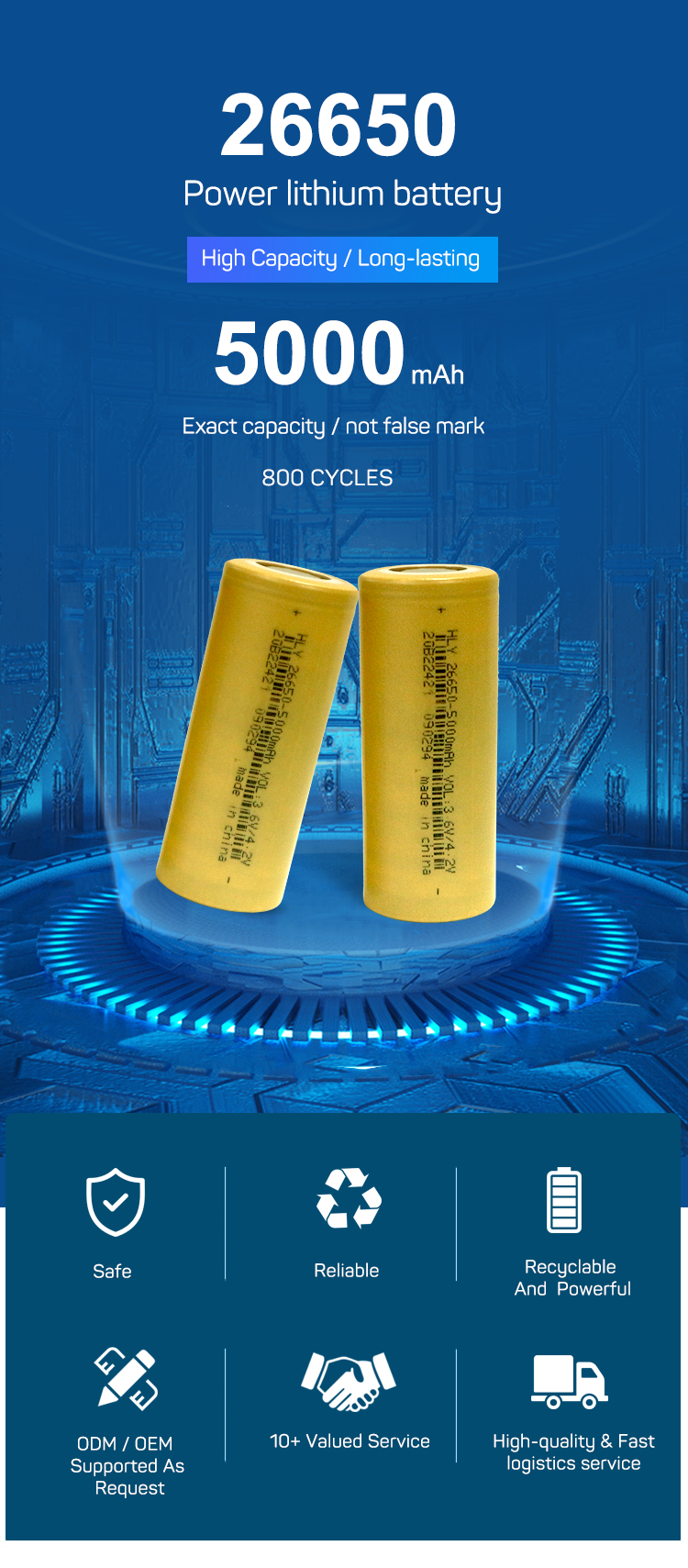 HLY высокий темп батареи 5000mah 3.6V лития 26650 большой емкости для электрических инструментов