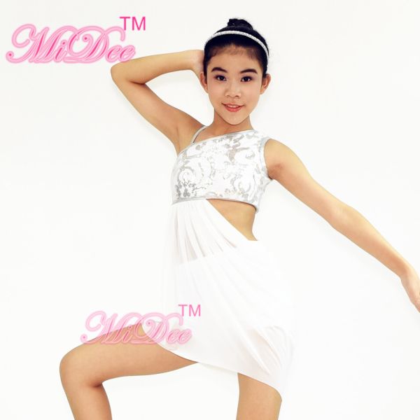 Mordern Ballet Dance Costumes Floral Diagonal Neckline Cut Out Side Dress