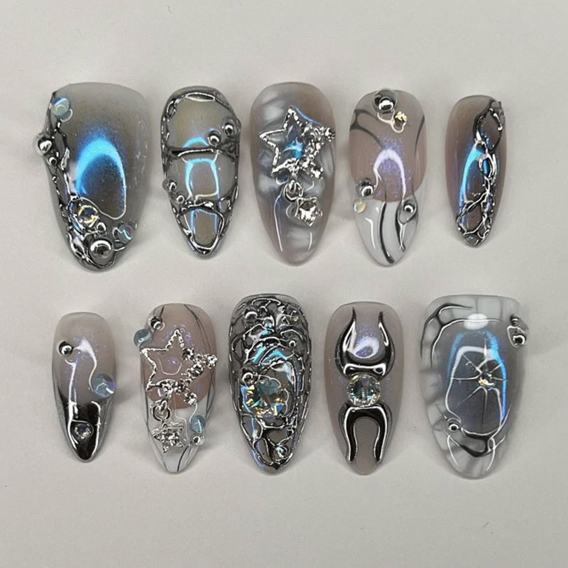 MSDS Rhinestone Press On Nails French Tip Reusable Blue Holographic Nails