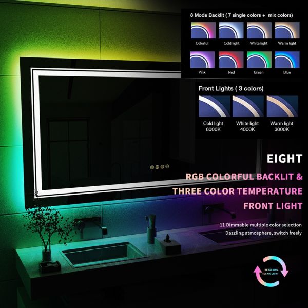 Modern Luxury Frameless LED Backlit Bathroom Anti-Fog Rectangular Touch Screen RGB Color Changing Feature IP44 Rated for Hotels