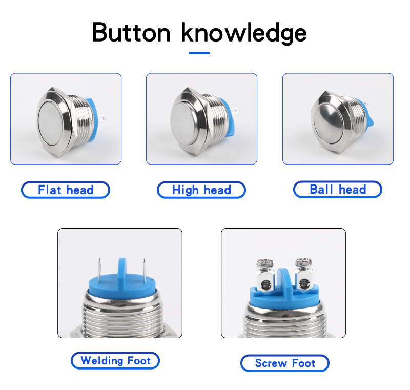 22mm Metal Push Button Switch Screw Foot Welding Foot 2 Pin High Head Flat Head Ball Head Momentary Push Button Switch