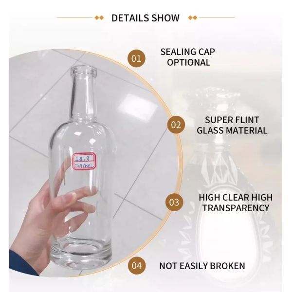 Custom 750ml Embossed Logo Wine Glass Bottle in Clear Color for Branded Whisky