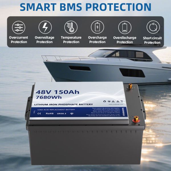 48V 150Ah LiFePO4 Battery Pack with Built-in Management System Electric Marine Boat Yacht Trolling Motor Kayak Accessory