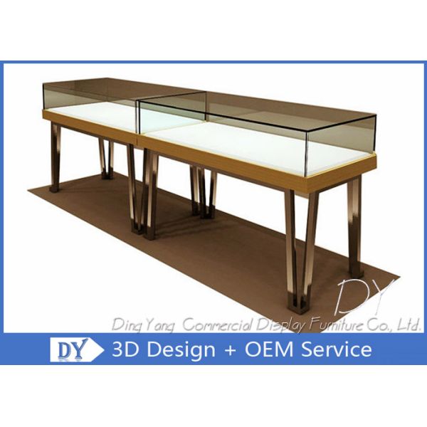 Modern Gold Stain Steel Commercial Jewelry Display Cases With LED Gold + White Color