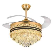 wholesale   Nordic Modern Dc Remote Control Glod Retractable Invisible Round K9 Crystal Chandelier Led Ceiling Fan With Light
