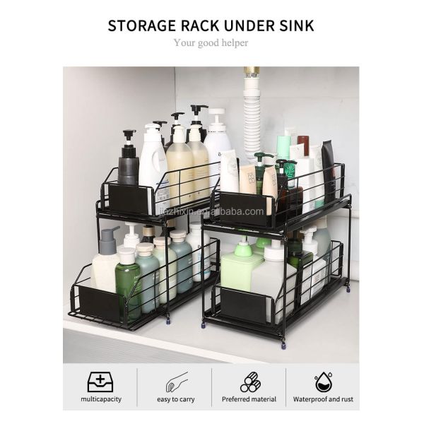 Under Sink Storage Shelf 2 Tier Bathroom Organizer Multi-Purpose Desktop Spice Rack Bottom Pull Out Drawer for Kitchen Cabinet