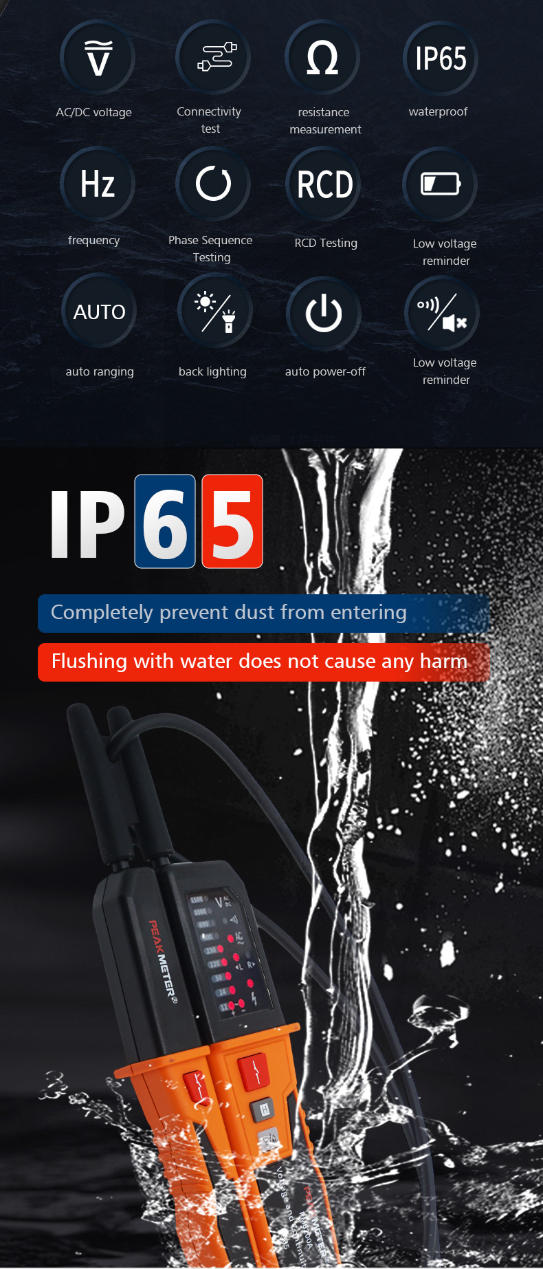 Авто-диапазон IP65 водонепроницаемый многофункциональный детектор напряжения для промышленных применений