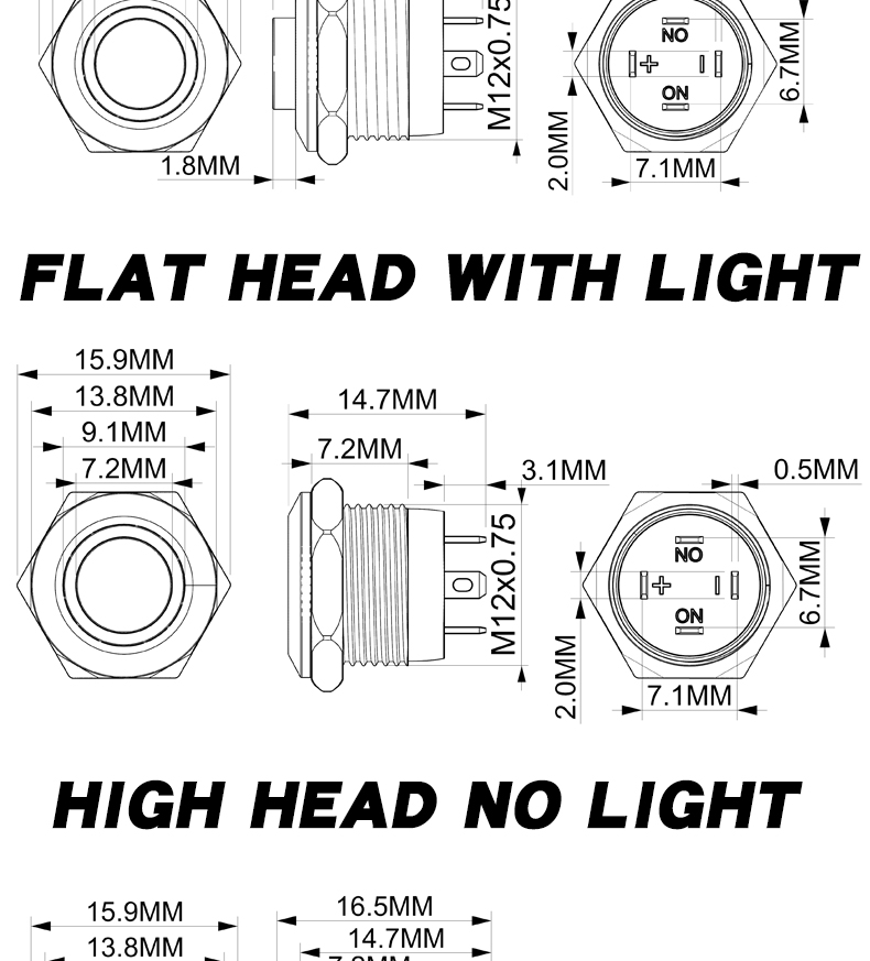 12mm  Ultra Short Oxidized Black Metal Push Button Switch  3-6V 12-24V LED Light Momentary Reset Waterproof