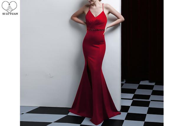 Beaded Red Wedding Bridesmaid Dresses Mermaid Backless Elastic Style High Slit