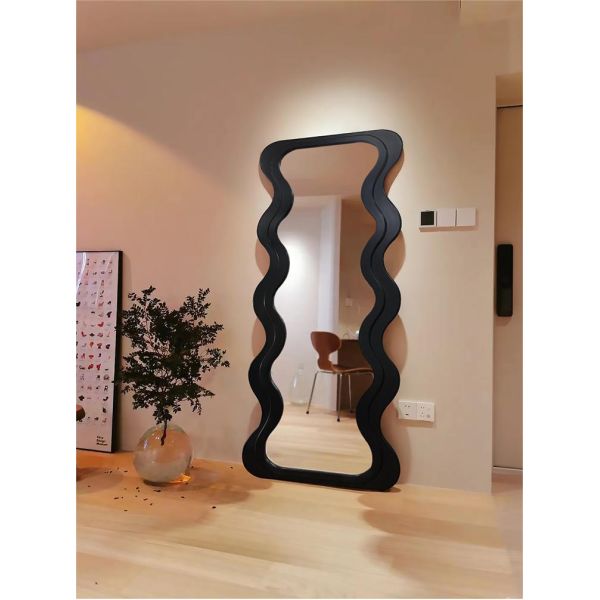 OEM Floor Wavy Standing Mirror Black Ornate Wooden Frame