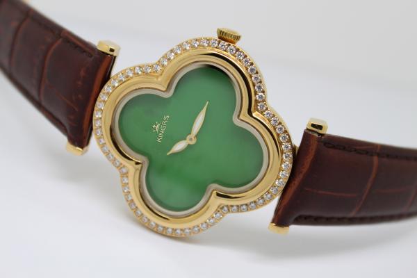 Flower Shape Jade Watch Stainless Steel Case With Diamond On Bezel