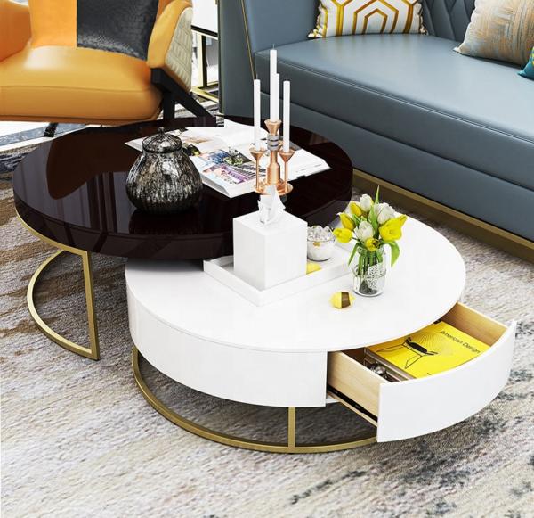 2 Pieces Round Drawer Metal Base Mable Top Coffee Table for Living Room