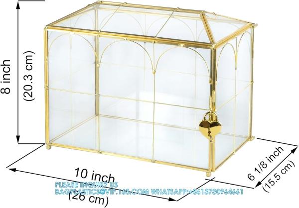 Glass Wedding Card Box with Slot, Large Clear Card Box Gold Brass Gift Card Storage Box with Lock for Wedding