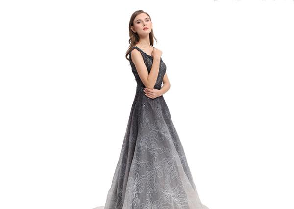 Luxury Black Lace Tulle Embroidery Arabic Evening Dresses Sweep Train Style