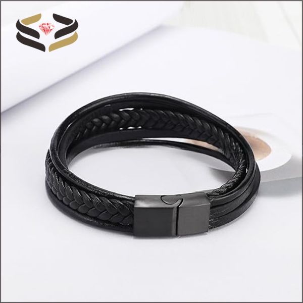 Clasp Closure Mens Leather Bracelet With Cowhide Multilayer Braided Design