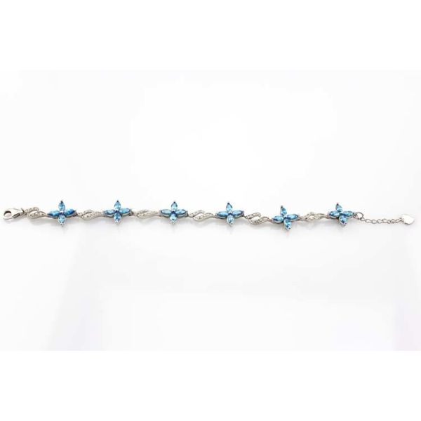 925 Silver Jewellery Quatrefoil Blue Topaz Cubic Zircon Tennis Bracelet (B04BLUE)
