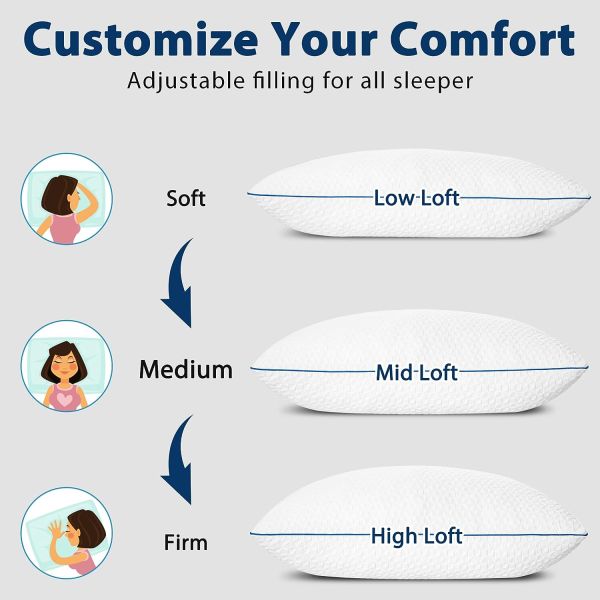 Removable and Washable Memory Foam Firm Pillows for Queen Size Adjustable Bed Set of 2