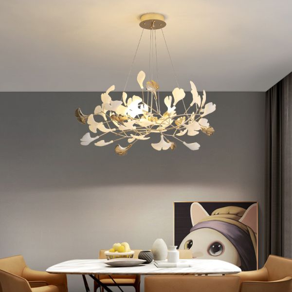 Luxury Living Room Dining Room Chandelier with E14 Bulb and Ceramic Ginkgo Leaf Design