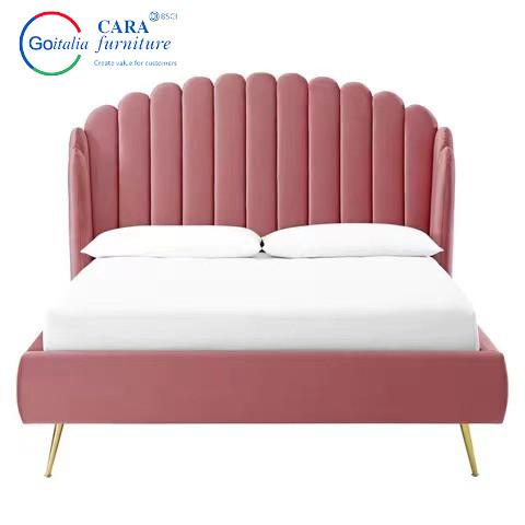 12287 Hot Selling Pink Fabric Wood Frame Metal Leg Bed Luxury Queen Size Bed Frames