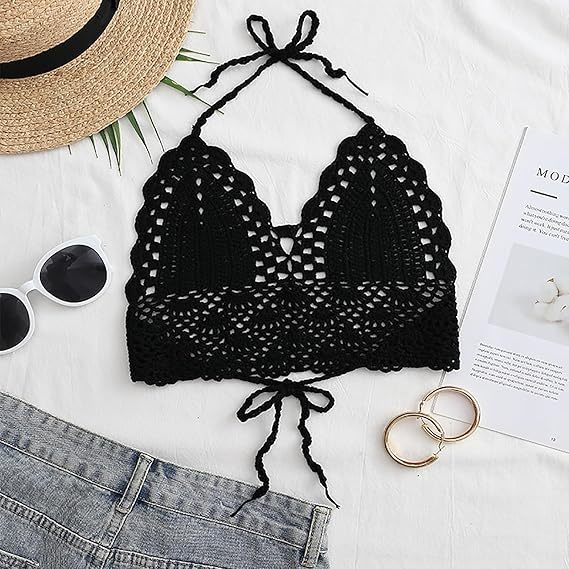 Women Summer Beach Crochet Top Bralette Knit Bra Bikini Crochet Halter Tops for Women Backless Camisole Knit Bra Tops Bralette Summer Beachwear