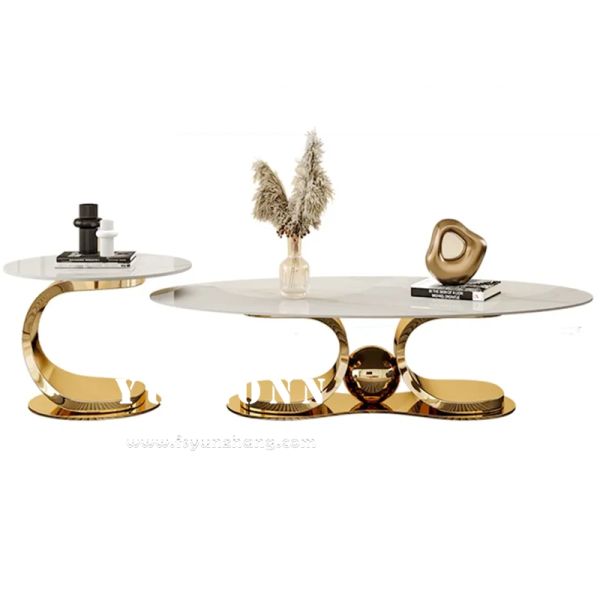 Luxury Coffee Table Hotel Furniture Marble Table Top Gold Metal Stainless Steel Side Oval Tea Coffee Table