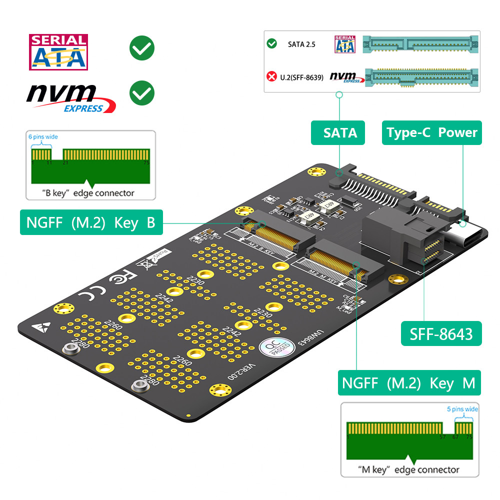 NGFF (M.2) 2-в-1 SSD расширительная карта, NGFF (M.2) Ключ-M поддерживает NVME протокол SDD на SFF (86-43) интерфейс NGFF (M.2) Ключ-B поддерживает Sata протокол SDD на Sata интерфейс