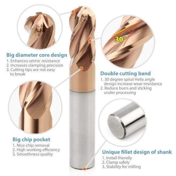 Торцевая фреза носа шарика карбида OEM установила HRC55 для меди нержавеющей стали углерода стальной