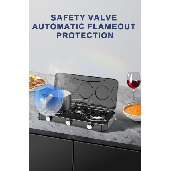 Portable Three Burner Gas Stove Offering Versatile Cooking Solutions with Adjustable Flame and Robust Construction