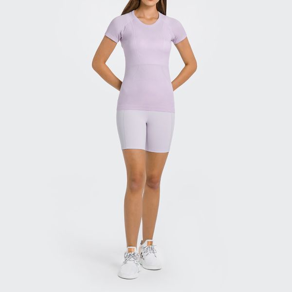 Seamless Women Activewear Tops Breathable Short Sleeve 65% Nylon 35% Polyester