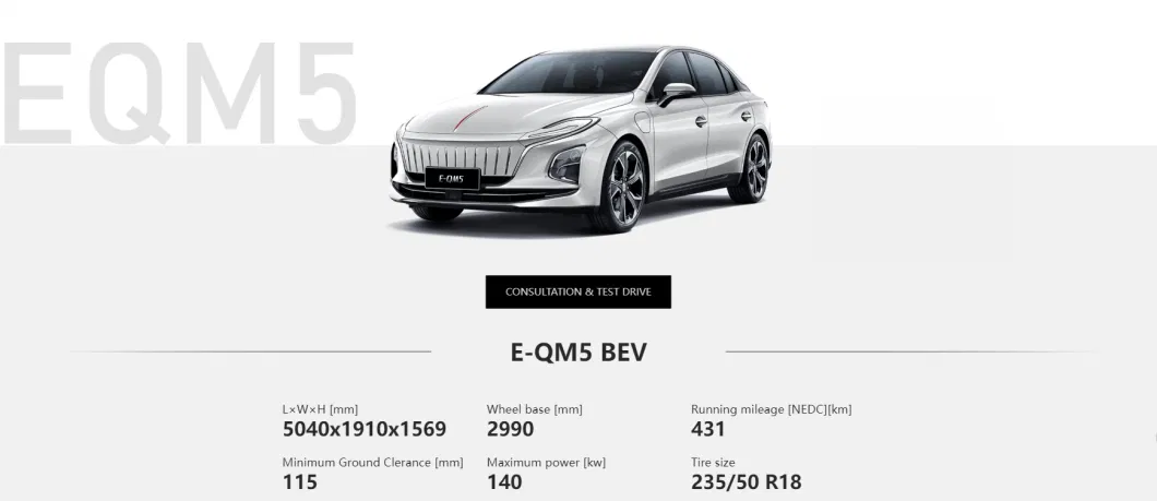 Hongqi E-Qm5 2024 Version Voyage Véhicule énergétique 5 places Pure Electric Sedan Voiture HS5 HS7 Ehs9 Moyenne taille 500 km Niveau Moyenne taille Voiture