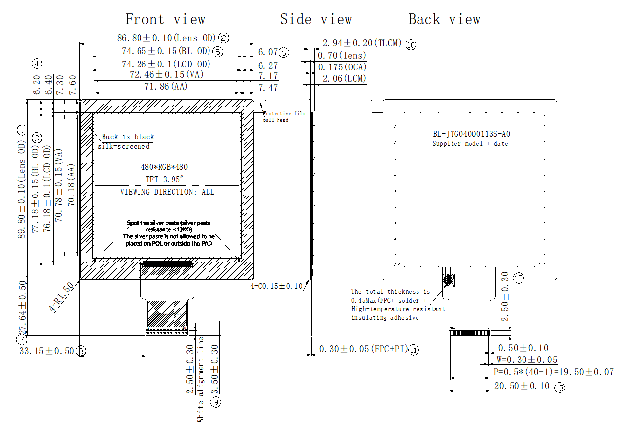 3.95 Inch Square LCD Screen 480×480 Resolution IPS Display Module 250Cd/M2 Luminance