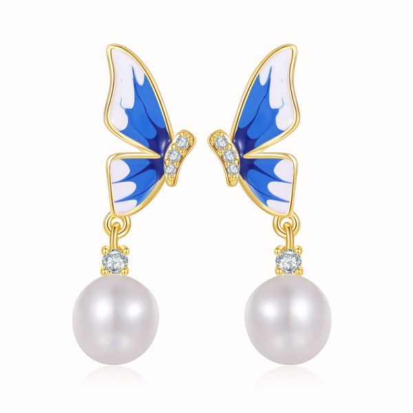 Fashion Maple Leaf Pearl Earring 14K Gold Plated Flower Studs 925 Silver Needle Hypoallergenic Butterfly Earrings
