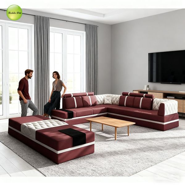 Leather Sectional: Contrast Stitching, Plush Seating – Transform Home into a Sophisticated Retreat
