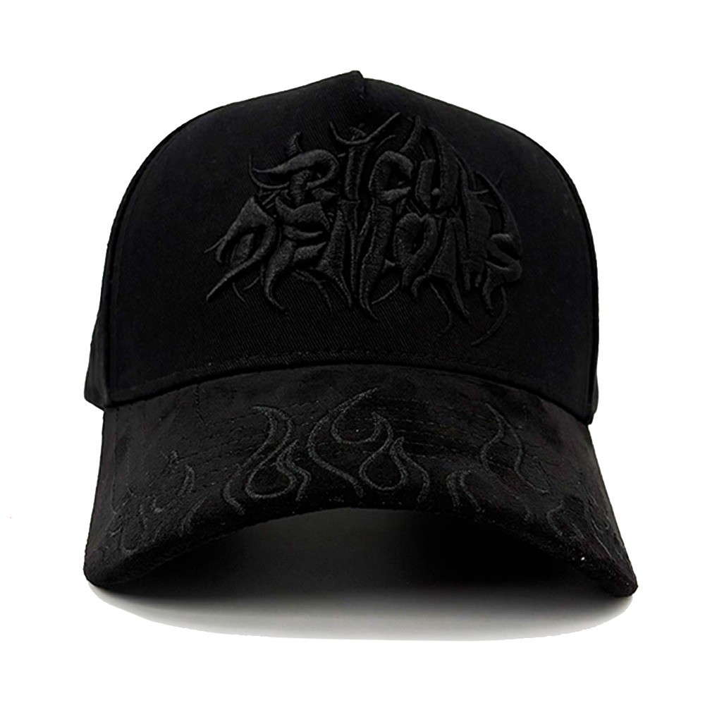 3D Embroidery Black On Black Baseball Caps Fire Flame Suede Visor Premium Angel Embroider Metal Tag Silk Lined