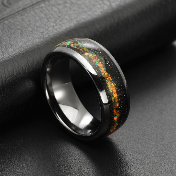 Bagues Nébuleuse Dôme Argent 8mm Tungstène Opale Colorée Incrustation Bague Anneau de Mariage Galaxie Incrustation de Pierre de Sable Bleu pour Hommes