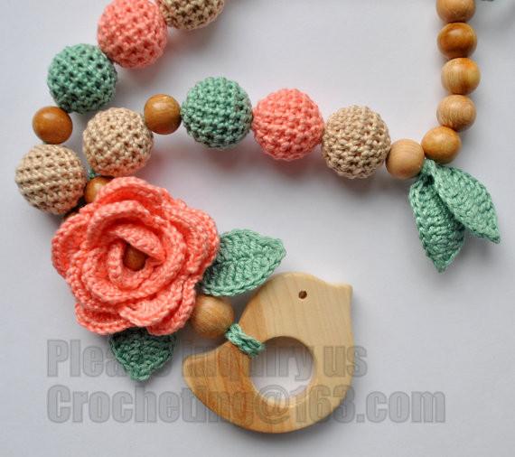 Baby sling necklace, baby bracelet, crochet bracelet, teething bracelet, crochet long funky beaded necklace