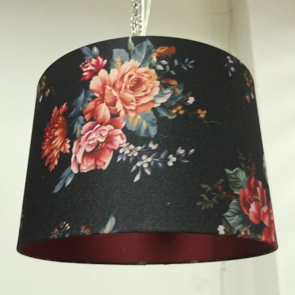 Black Floral H200mm Velvet Lamp Shade 2.1kg  Pendent Drum Shade