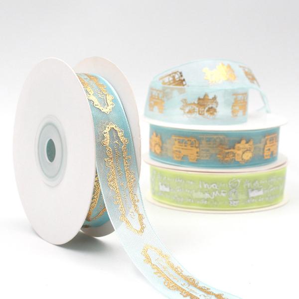 Gold Printed Organza Ribbon , Double Face Type Organza Wedding Ribbon