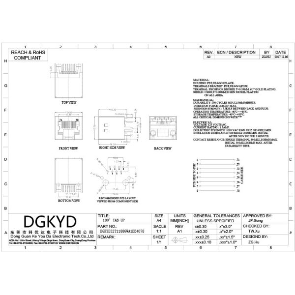 O conector 180° horizontal do soquete 8P8C dos ethernet DGKYD52T1188GWA1DB4078 não conecta nenhum protetor leve da tira