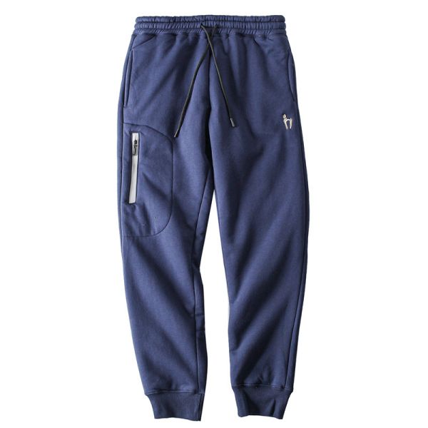 100% Cotton Embroidery Men's Fleece Lined Joggers Padded Warm Pants Trousers for Mid Waist