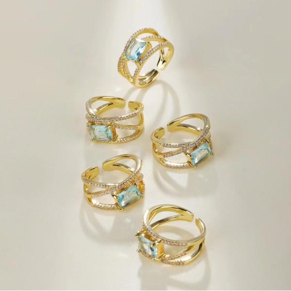 Jiexing Trendy Finger Rings 14K Gold Plated Adjustable Blue Hollow Zircon Finger Ring Women Jewelry