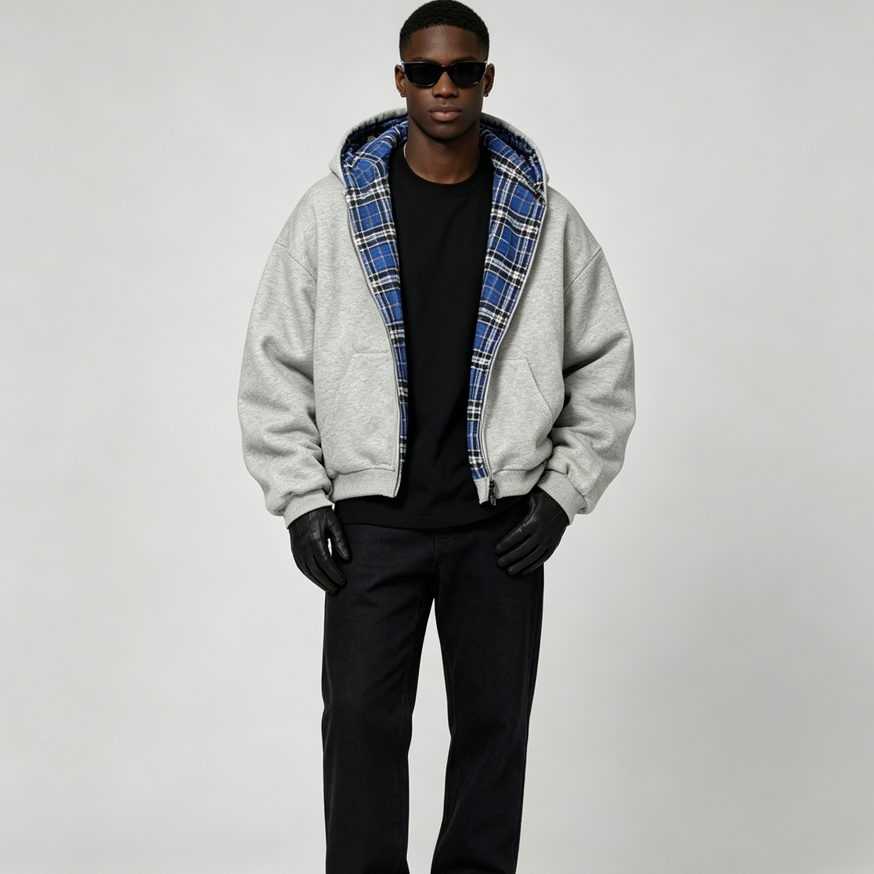 Plaid Lined Zip Up Hooded Sweatshirt Jacket, Oversized Loose Contrast Check Inner Hoodie 3 Colors Cross-Border Wholesale for Autumn