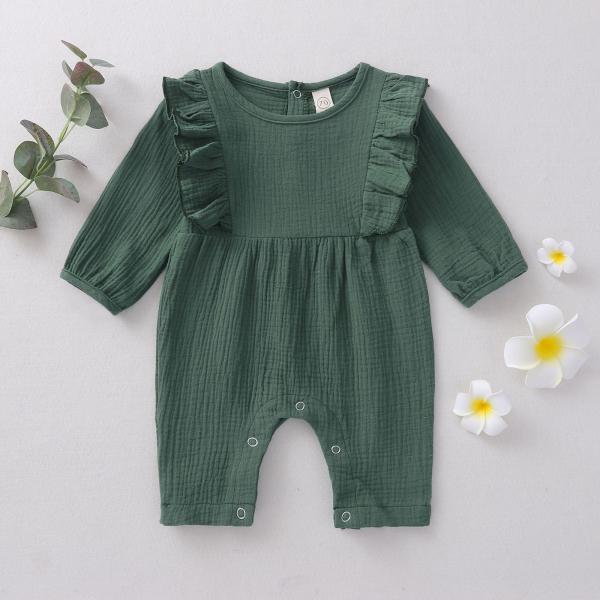 hot sale beige flutter sleeve muslin cute baby girls romper baby clothes