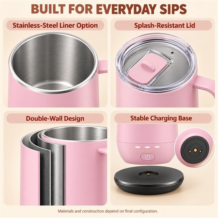 Wireless Charging Heated Mug, Multiple Temperature Settings with One-Button Control, Rechargeable Cordless Coffee Cup with Stainless Steel Liner, Custom Color Logo and Packaging