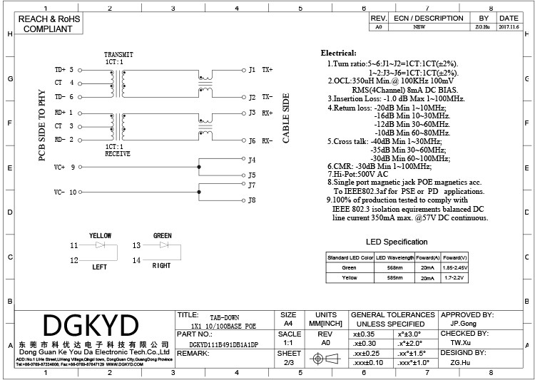 Соединитель 1000 локальных сетей основания-T 10p8c PoE RJ45 Джек DGKYD111B491DB1A1DP RJ45 с Magnetics, заголовками и штепсельными розетками PCB